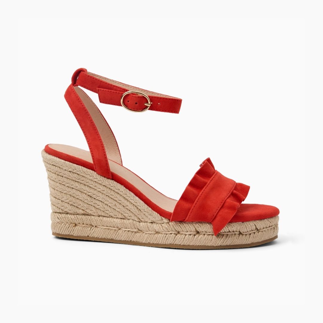 Jack Rogers - Rozette Ruffle Wedge - Suede Fire Red - view 2