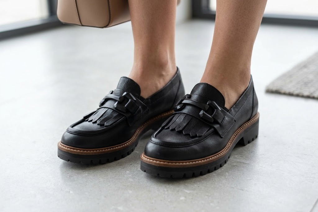 Eric Michael Whisper leather chunky lug sole loafer in Black — view 3