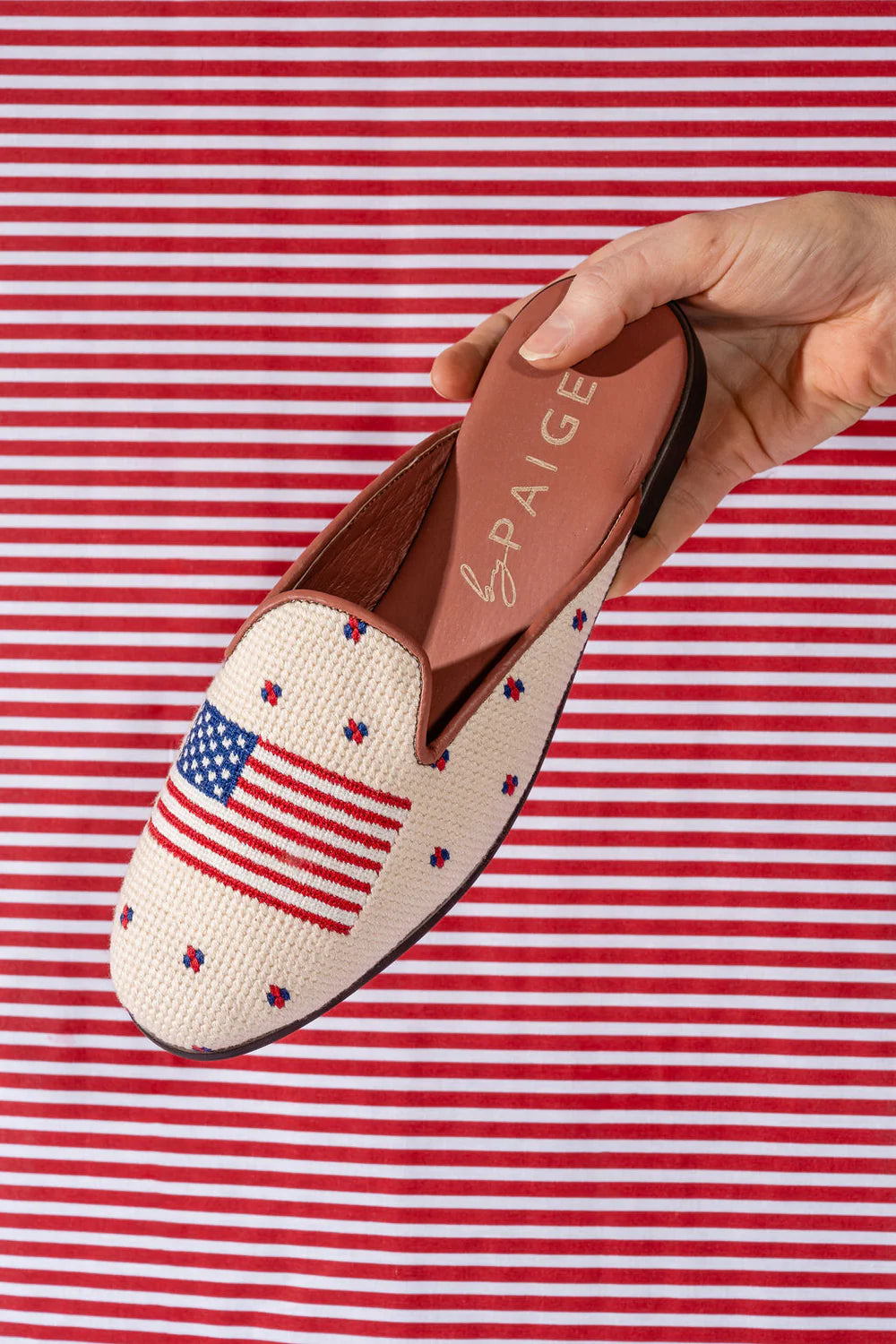 BY PAIGE - NEEDLEPOINT MULE IN AMERICAN FLAG