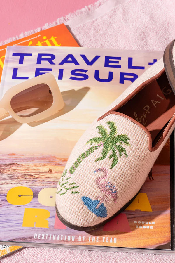 BY PAIGE - NEEDLEPOINT LOAFER IN FLAMINGO & PALM TREE
