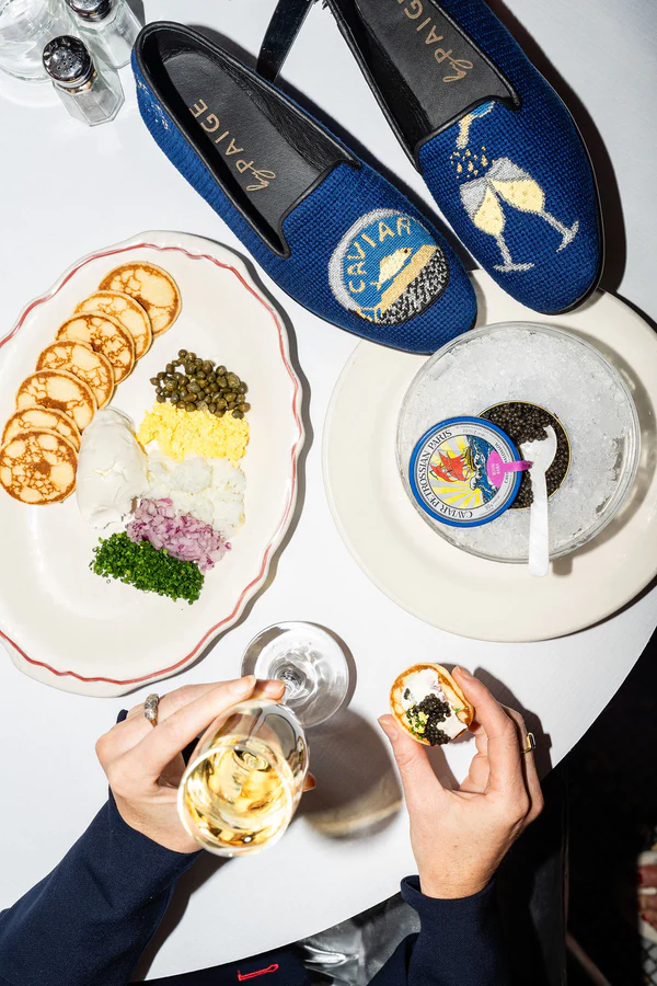 BY PAIGE - NEEDLEPOINT LOAFER IN CHAMPAGNE AND CAVIAR