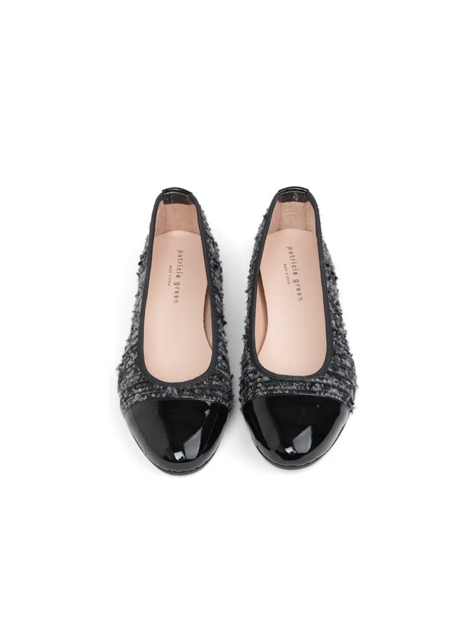 PATRICIA GREEN - ADELE CAP TOE BALLET FLAT - SIZE 10 - BLACK/GREY/NAVY TWEED