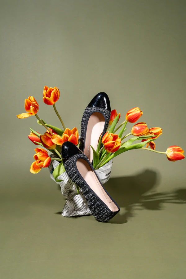 PATRICIA GREEN - ADELE CAP TOE BALLET FLAT - SIZE 10 - BLACK/GREY/NAVY TWEED