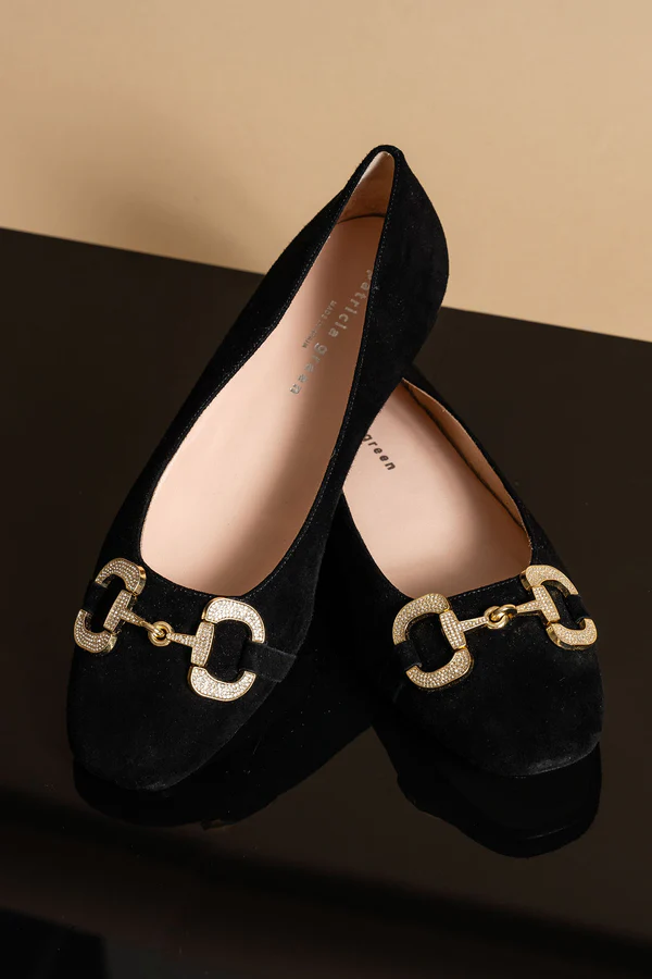 PATRICIA GREEN - CANNES CRYSTAL HORSEBIT FLAT - SIZE 7 - BLACK SUEDE