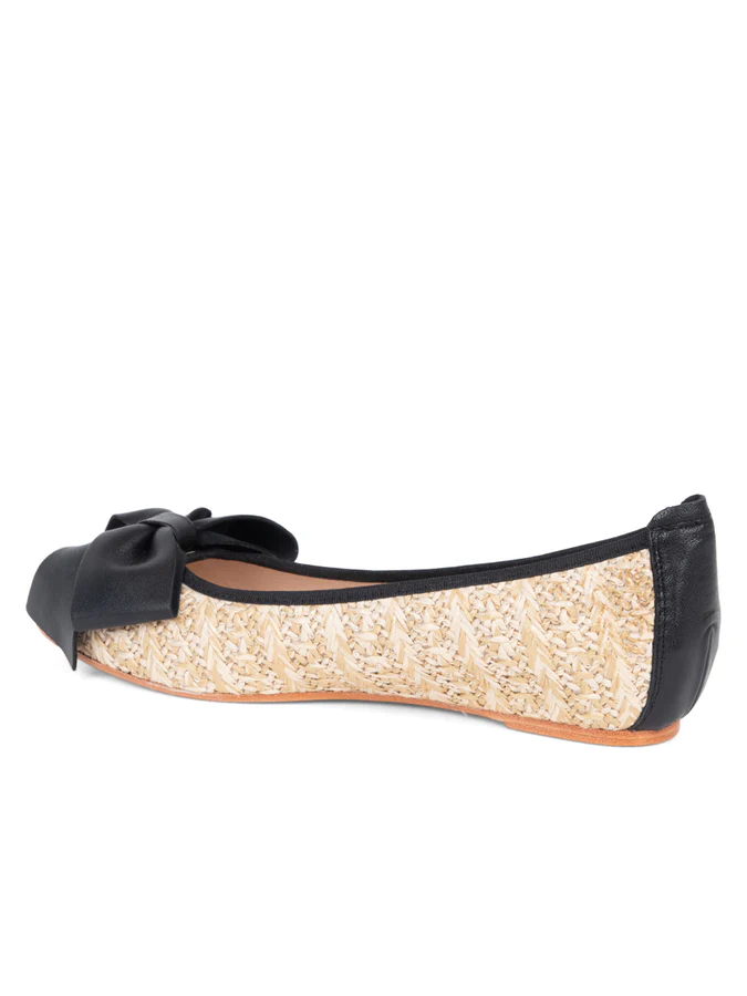 PATRICIA GREEN - ST. TROPEZ RAFFIA BALLET FLAT - SIZE 8 - BLACK/TAN