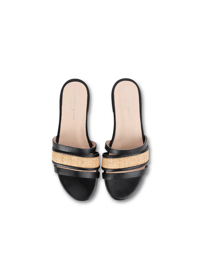 PATRICIA GREEN - AMALFI RAFFIA AND LEATHER FLAT SANDAL - SIZE 6 - BLACK