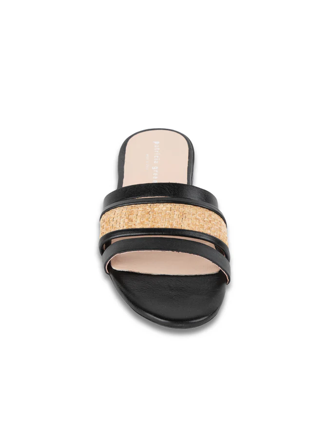 PATRICIA GREEN - AMALFI RAFFIA AND LEATHER FLAT SANDAL - SIZE 6 - BLACK