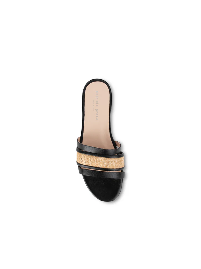 PATRICIA GREEN - AMALFI RAFFIA AND LEATHER FLAT SANDAL - SIZE 6 - BLACK