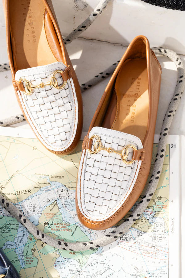 PATRICIA GREEN - KIM HORSEBIT WOVEN DRIVER - SIZE 10 - COGNAC/WHITE