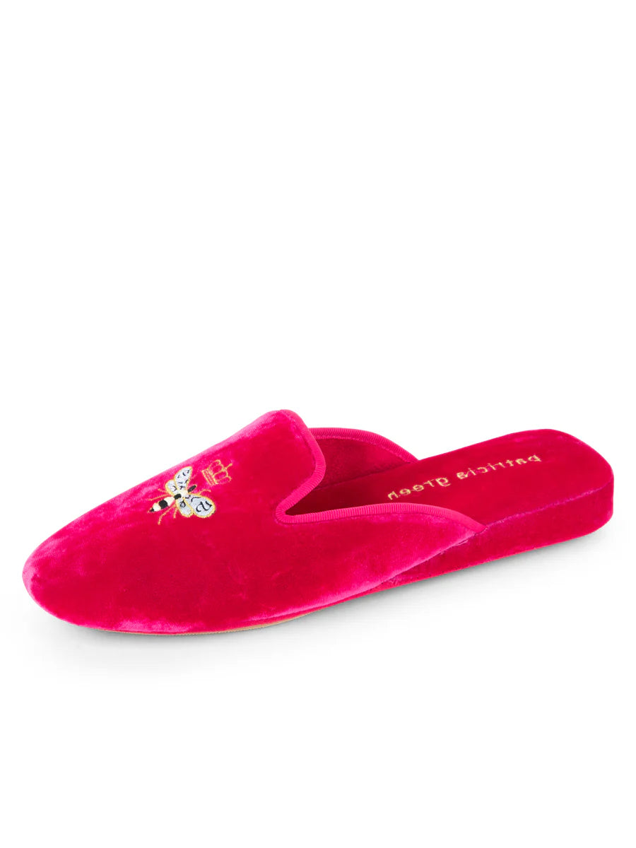 PATRICIA GREEN - QUEEN BEE EMBROIDERED VELVET SLIPPER - SIZE 9 - HOT PINK