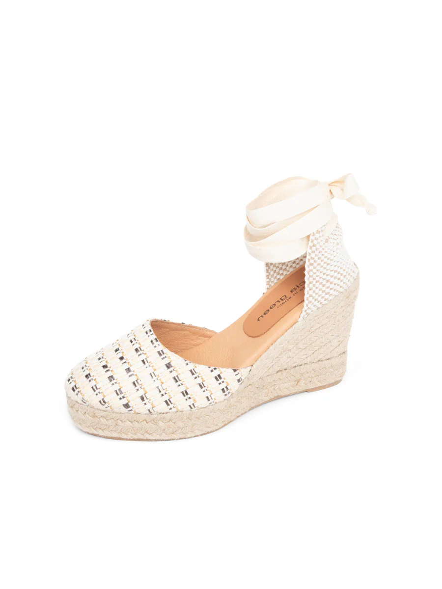 PATRICIA GREEN - LILLIAN RAFFIA LACE UP ESPADRILLE - SIZE 7 - NATURAL/GOLD/BLACK