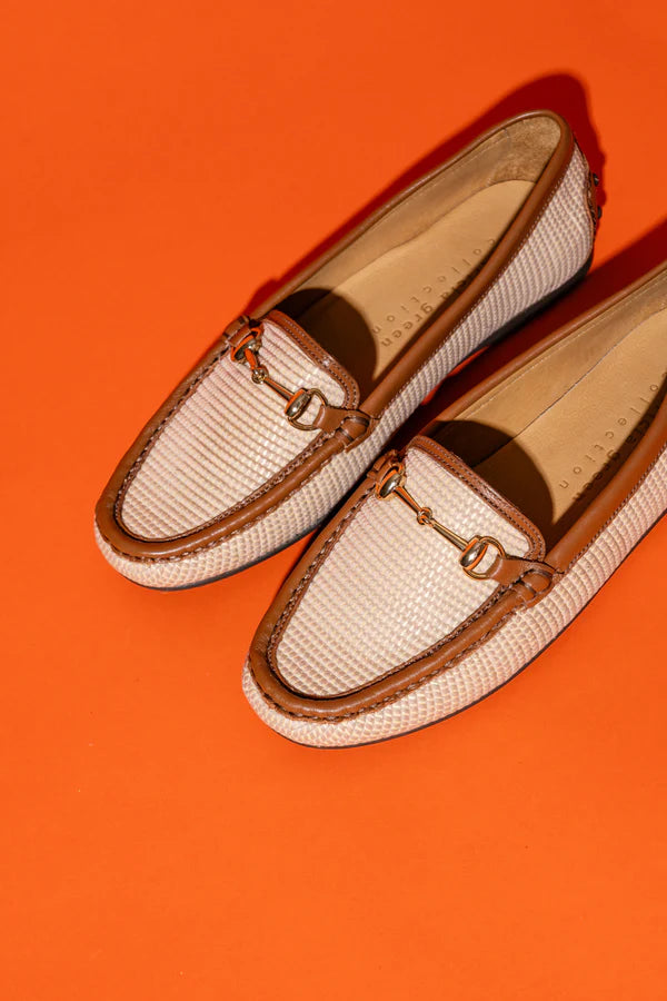 PATRICIA GREEN - FINN RAFFIA DRIVING MOCCASIN - SIZE 9.5 - NATURAL RAFFIA/WHISKY LEATHER