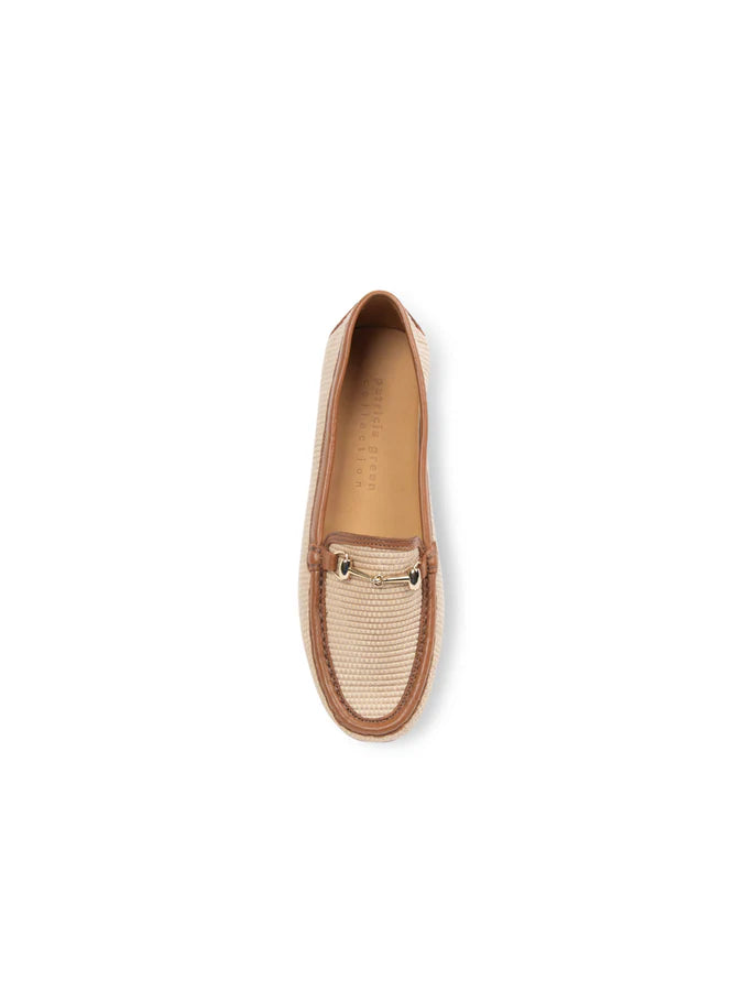 PATRICIA GREEN - FINN RAFFIA DRIVING MOCCASIN - SIZE 9.5 - NATURAL RAFFIA/WHISKY LEATHER