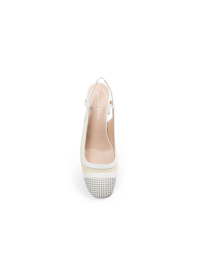 PATRICIA GREEN - BROOKS PERFORATED SLINGBACK BLOCK HEEL - SIZE 8 - NATURAL/WHITE