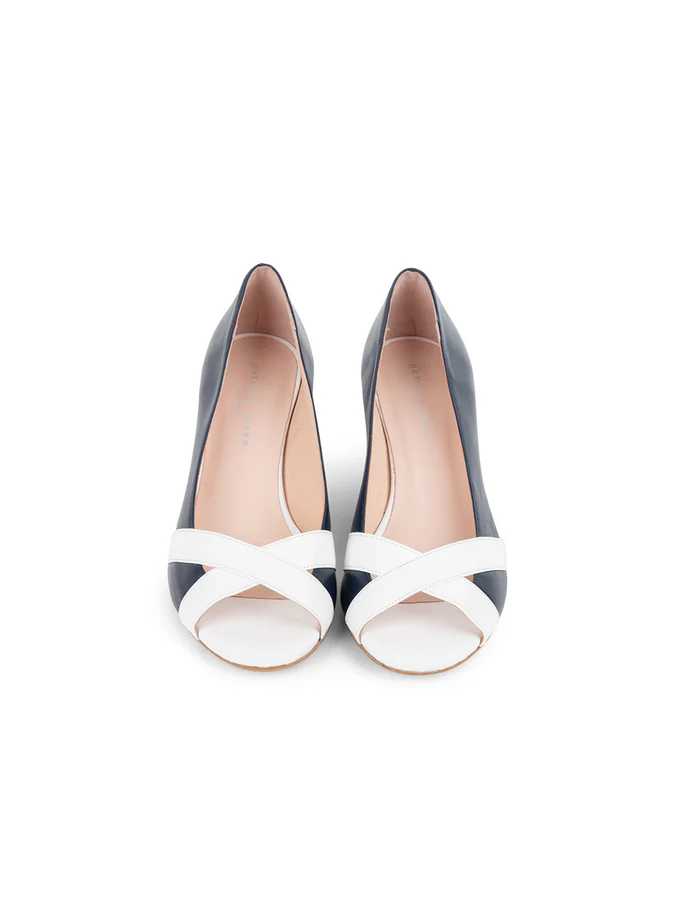 PATRICIA GREEN - COMO PEEP TOE WEDGE - SIZE 8 - NAVY/WHITE