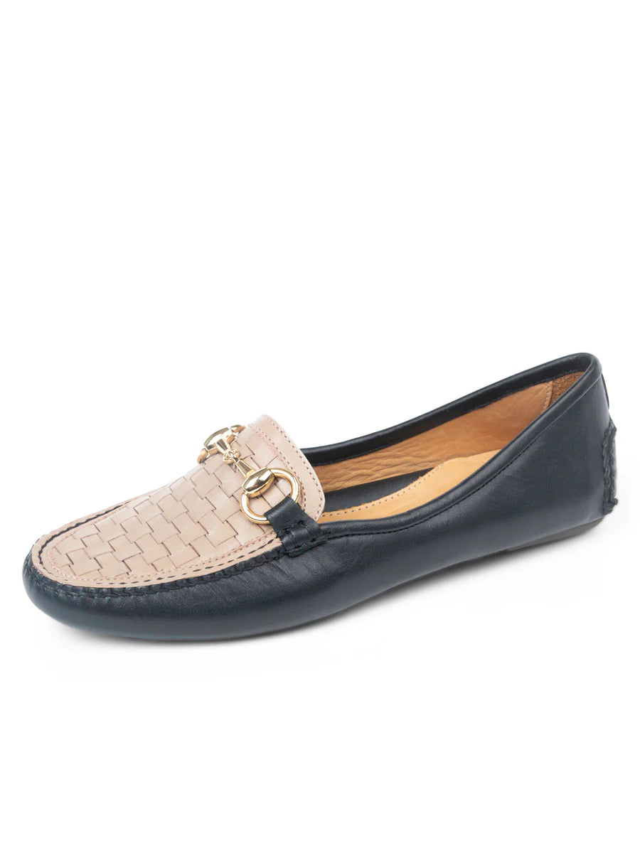 PATRICIA GREEN - KIM HORSEBIT WOVEN DRIVER - SIZE 10 - NUDE/BLACK LEATHER