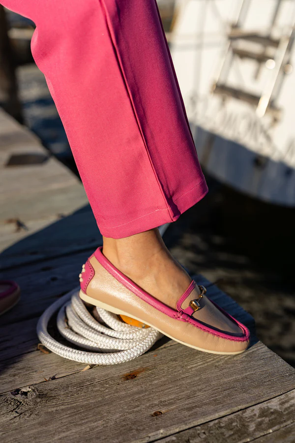 PATRICIA GREEN - FINN DRIVING MOCCASIN - SIZE 7.5 - TAN/HOT PINK LEATHER