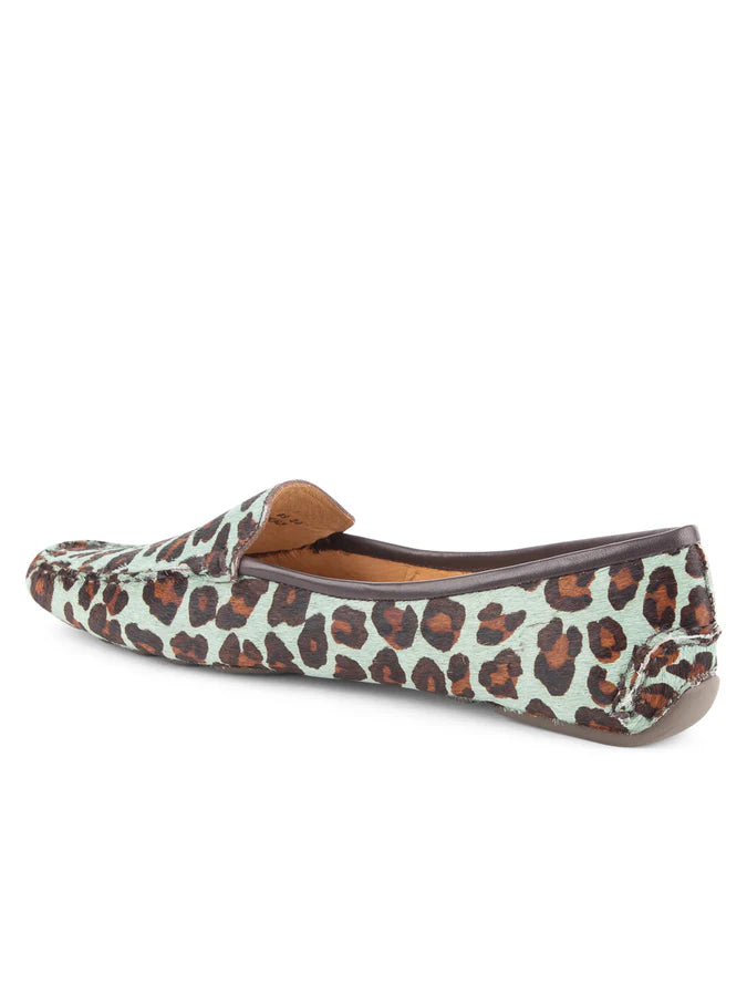 PATRICIA GREEN - JILLIAN DRIVING MOCCASIN IN HAIRCALF - SIZE 6 - TEAL BLUE LEOPARD