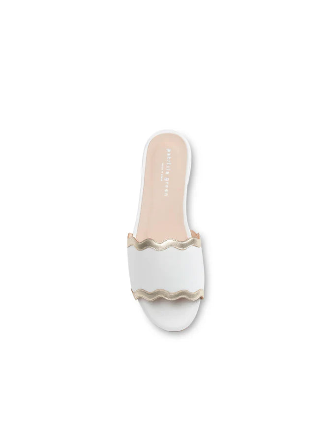 PATRICIA GREEN - EMMA SCALLOPED FLAT SANDAL - SIZE 9 - WHITE/GOLD LEATHER