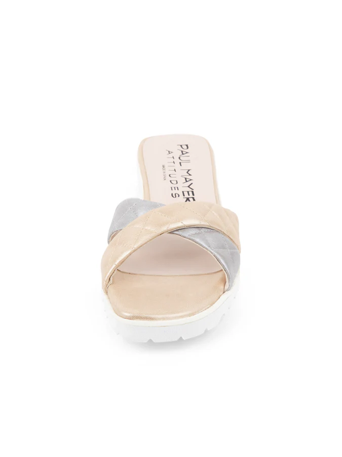 PAUL MAYER - POP CRISS-CROSS LUG SOLE SANDAL - SIZE 7 - GOLD/SILVER