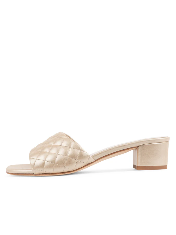 PAUL MAYER - PARQUE QUILTED BLOCK HEELED SANDAL - SIZE 10 - GOLD