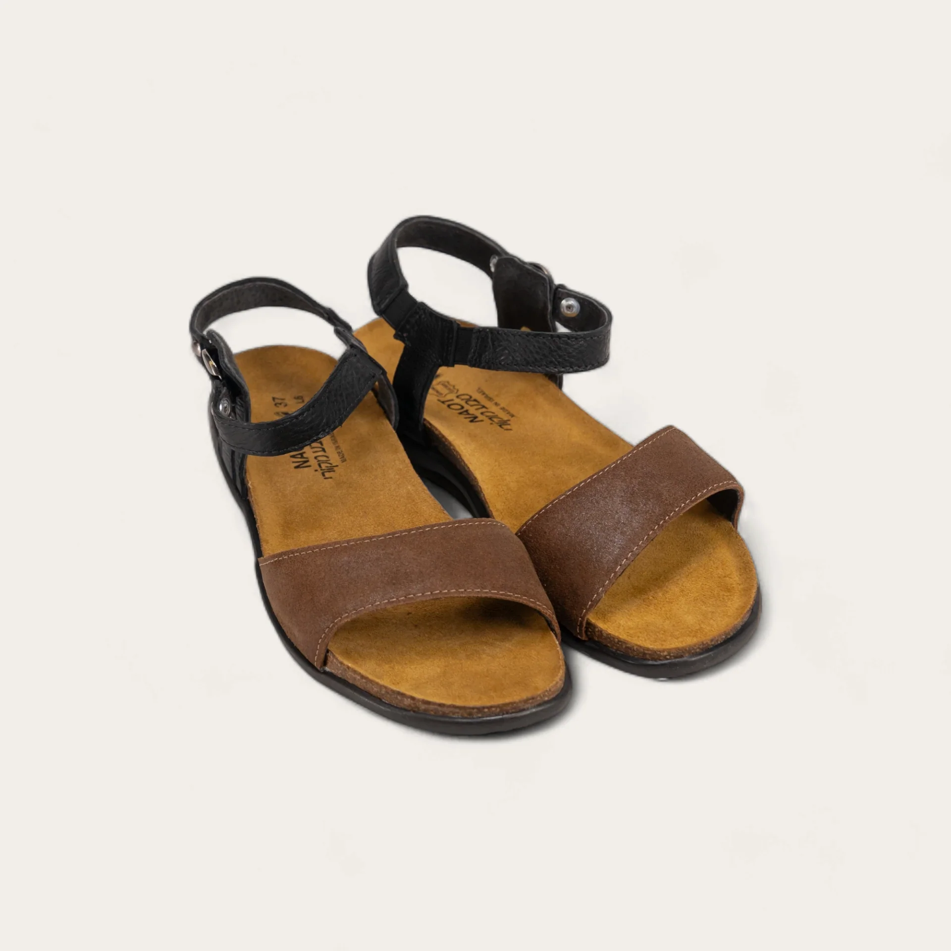 NAOT - SABRINA - SIZE 36 - ANTIQUE BROWN SUEDE/SOFT BLACK LTHR