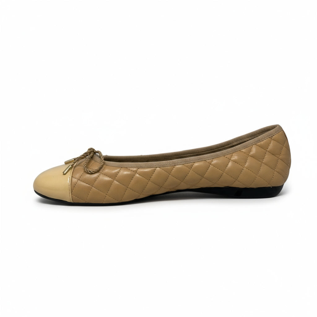PAUL MAYER - BEST QUILTED LEATHER BALLET FLAT - SIZE 8.5 - PATENT BEIGE / NAPPA BEIGE