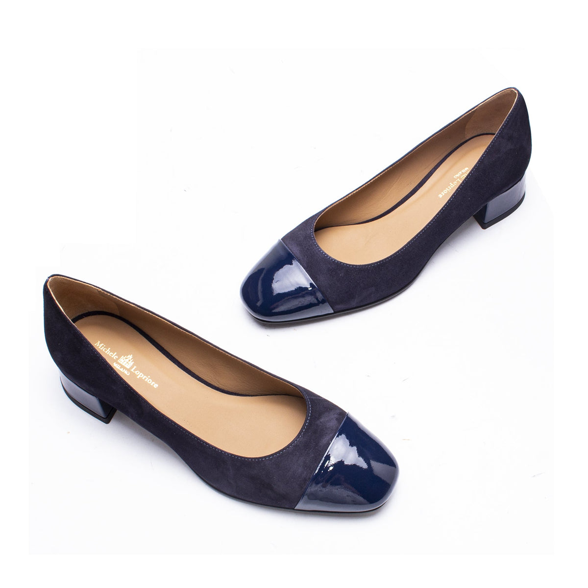 Michele Lopriore India Low Heel Pump, Suede Blue / Patent Blue, gallery view 3