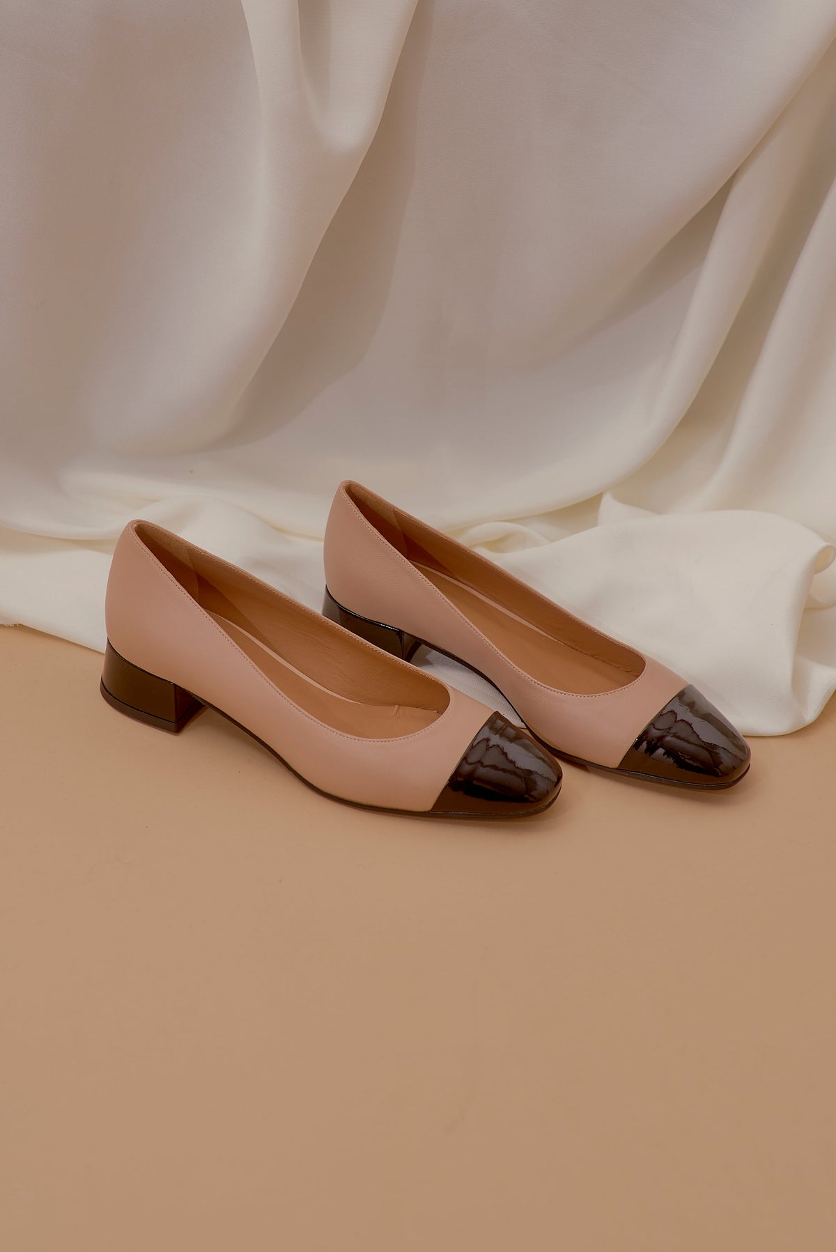 Michele Lopriore India Low Heel Pump, Leather Nude / Patent Black, gallery view 4