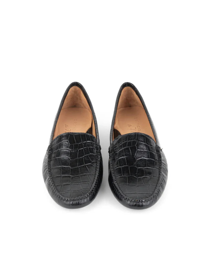 PATRICIA GREEN - JILLIAN DRIVING MOCCASIN IN CROCODILE - SIZE 10 - BLACK CROCODILE