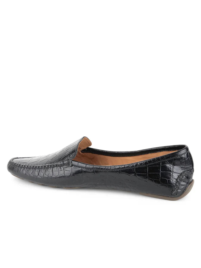 PATRICIA GREEN - JILLIAN DRIVING MOCCASIN IN CROCODILE - SIZE 10 - BLACK CROCODILE