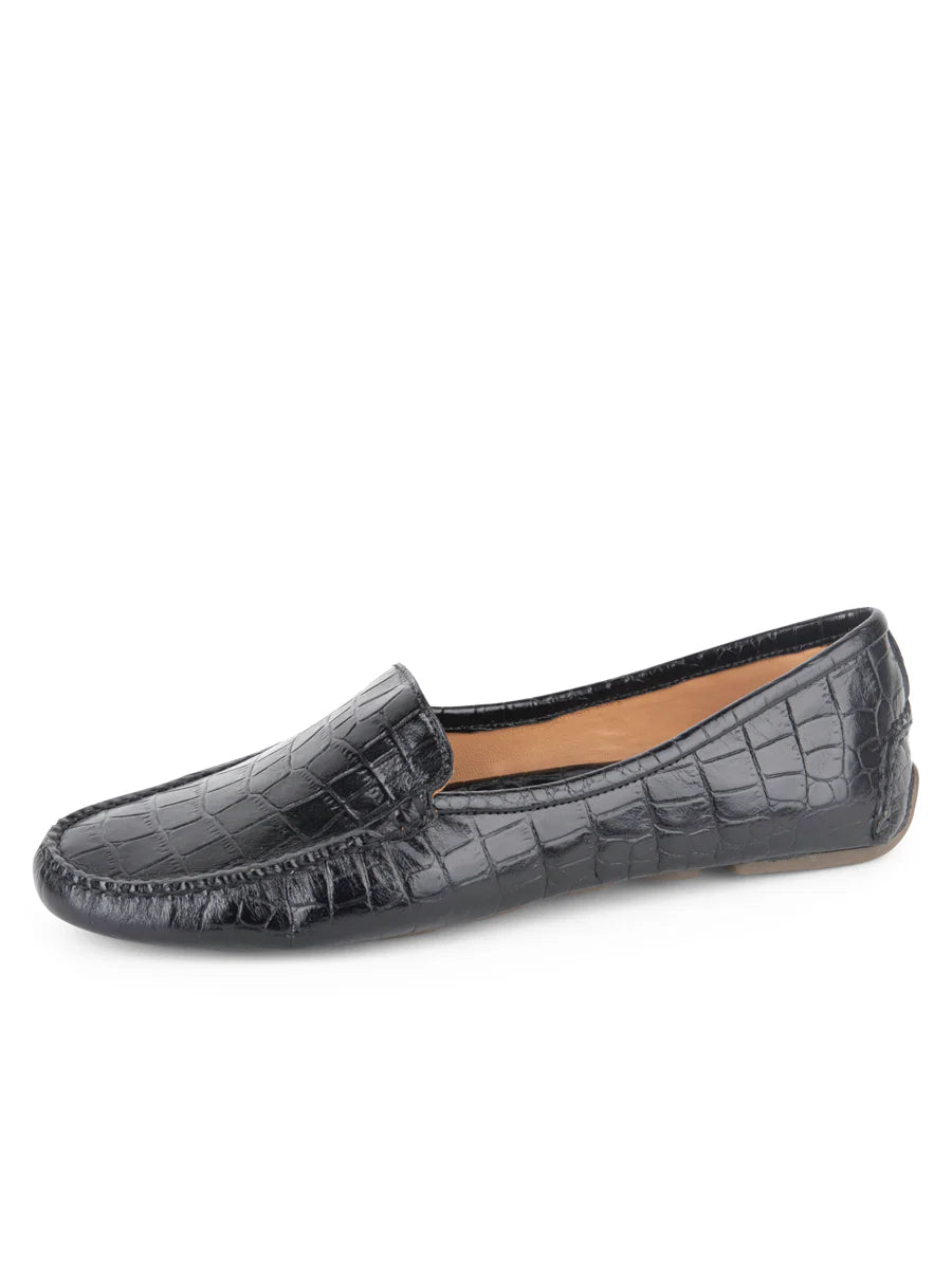 PATRICIA GREEN - JILLIAN DRIVING MOCCASIN IN CROCODILE - SIZE 10 - BLACK CROCODILE