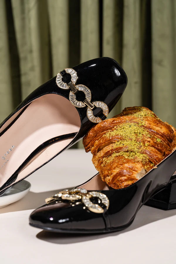 PATRICIA GREEN - AUBREY CRYSTAL SLINGBACK - SIZE 6 - BLACK PATENT
