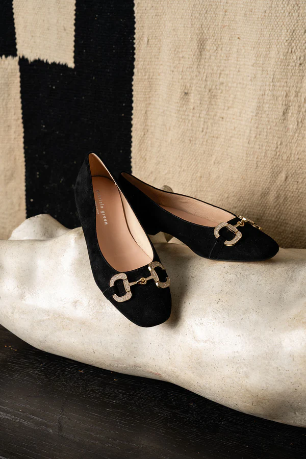 PATRICIA GREEN - CANNES CRYSTAL HORSEBIT FLAT - SIZE 8 - BLACK SUEDE