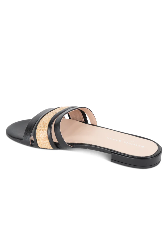PATRICIA GREEN - AMALFI RAFFIA AND LEATHER FLAT SANDAL - SIZE 6 - BLACK