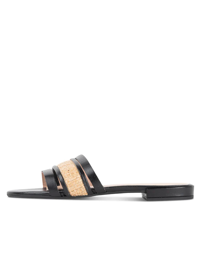 PATRICIA GREEN - AMALFI RAFFIA AND LEATHER FLAT SANDAL - SIZE 6 - BLACK