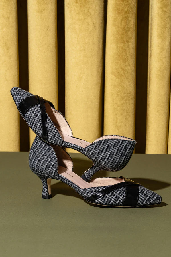 PATRICIA GREEN - MILAN D’ORSAY KITTEN HEEL - SIZE 7 - BLK/GREY HOUNDSTOOTH