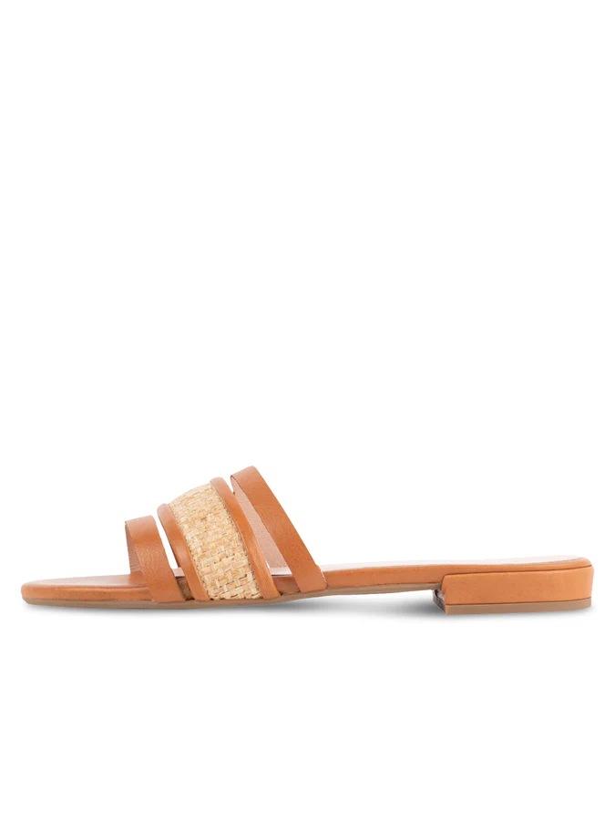 PATRICIA GREEN - AMALFI RAFFIA AND LEATHER FLAT SANDAL - SIZE 6 - COGNAC