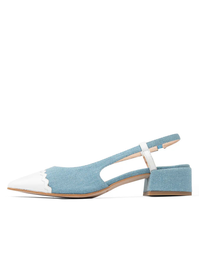 PATRICIA GREEN - PRESTON BLOCK HEEL SLINGBACK - SIZE 10 - DENIM/WHITE
