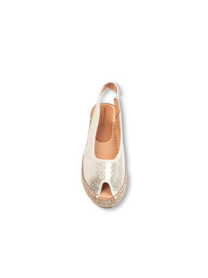 PATRICIA GREEN - NICOLA PEEP TOE ESPADRILLE - SIZE 7 - GOLD METALLIC SNAKE