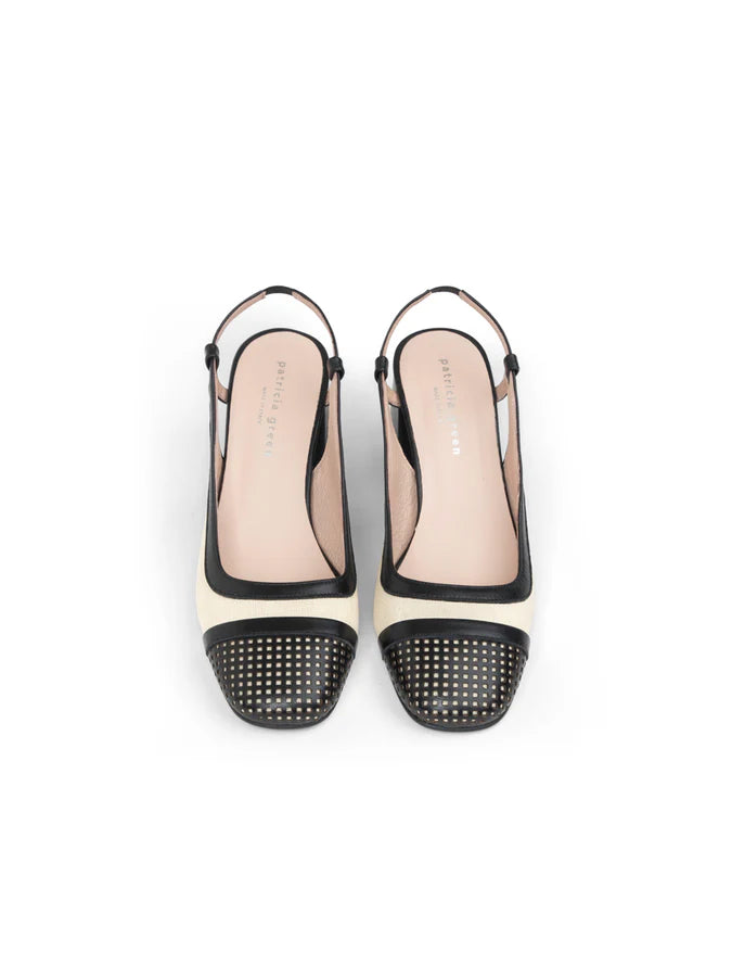 PATRICIA GREEN - BROOKS PERFORATED SLINGBACK BLOCK HEEL - SIZE 8 - NATURAL/BLACK