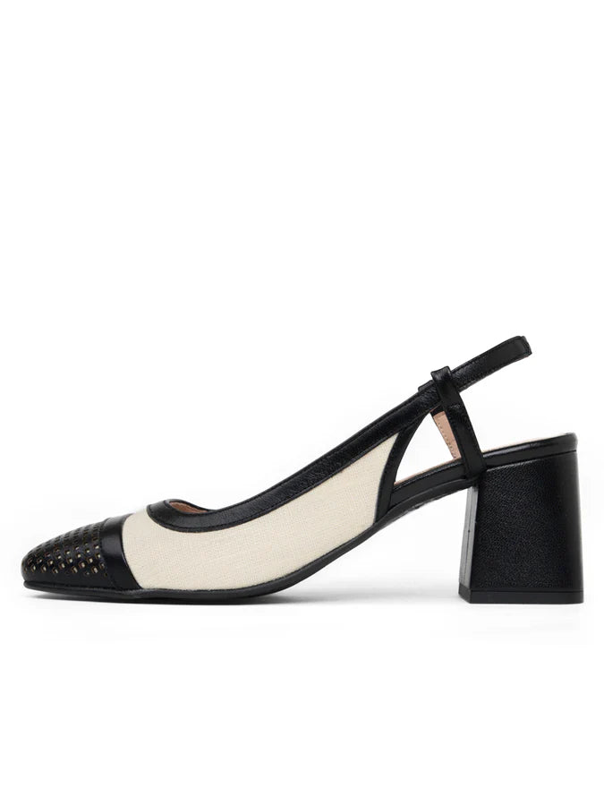PATRICIA GREEN - BROOKS PERFORATED SLINGBACK BLOCK HEEL - SIZE 8 - NATURAL/BLACK