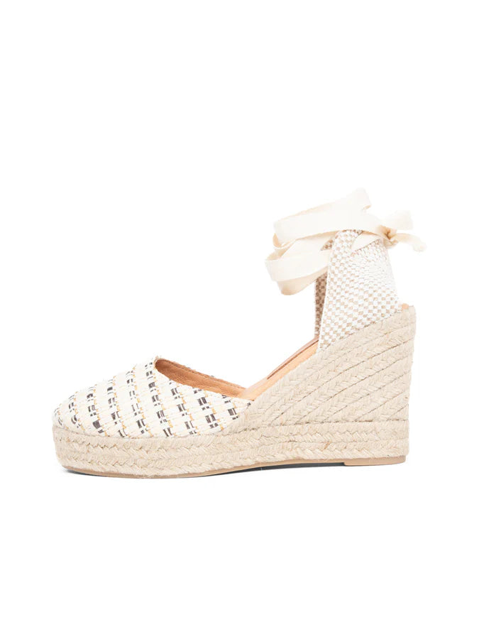 PATRICIA GREEN - LILLIAN RAFFIA LACE UP ESPADRILLE - SIZE 10 - NATURAL/GOLD/BLACK