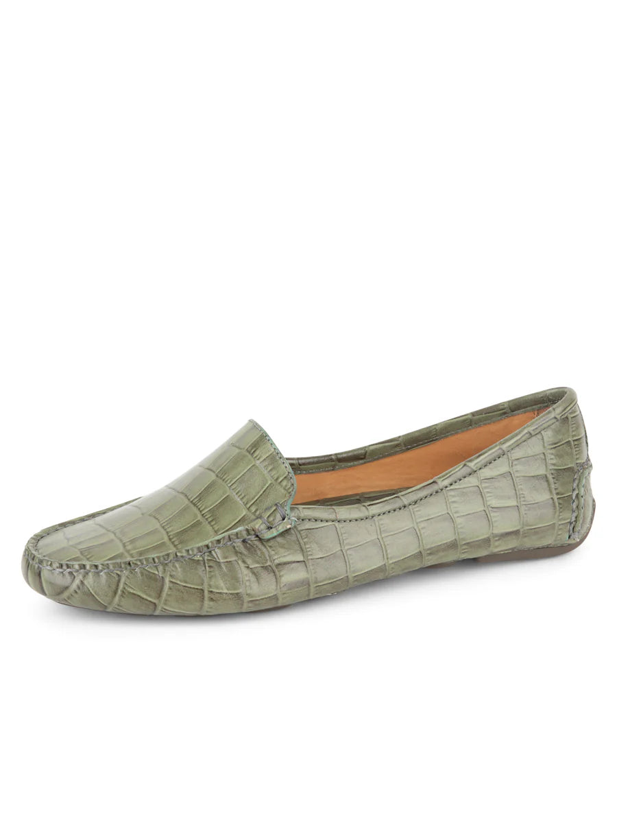 PATRICIA GREEN - JILLIAN DRIVING MOCCASIN IN CROCODILE - SIZE 10 - OLIVE CROCODILE