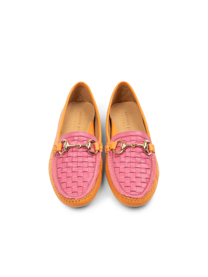 PATRICIA GREEN - KIM HORSEBIT WOVEN DRIVER - SIZE 7.5 - ORANGE/HOT PINK LEATHER