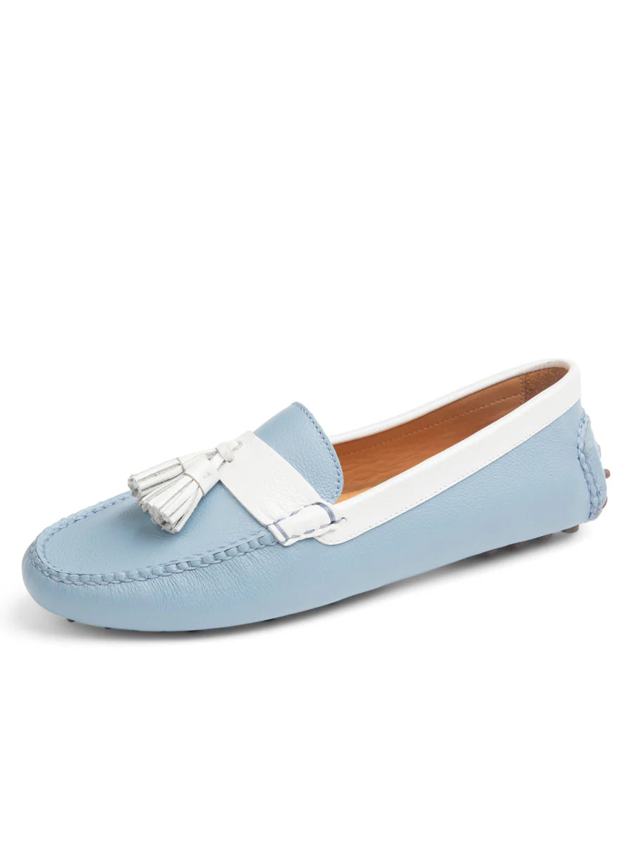 PATRICIA GREEN - JORDAN TASSEL DRIVER - SIZE 7 - SKY BLUE/WHITE LEATHER