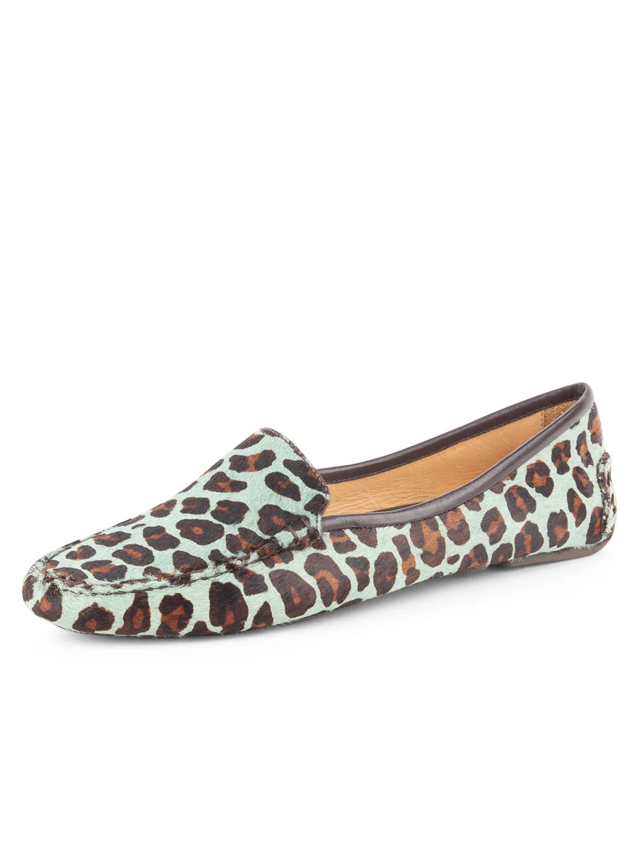 PATRICIA GREEN - JILLIAN DRIVING MOCCASIN IN HAIRCALF - SIZE 6 - TEAL BLUE LEOPARD