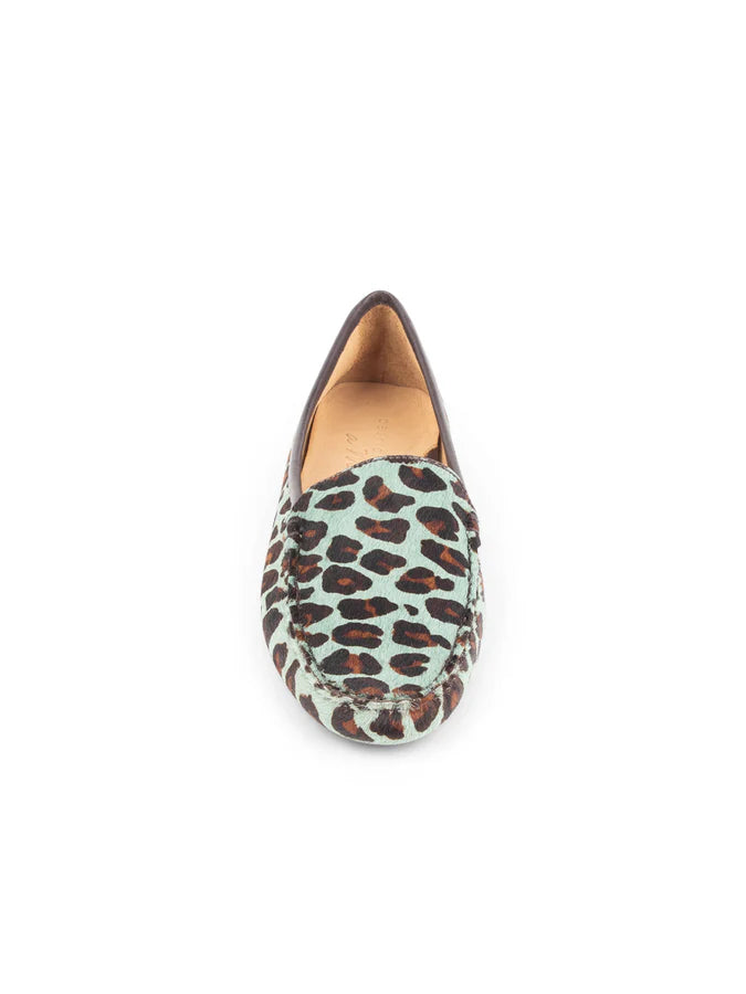 PATRICIA GREEN - JILLIAN DRIVING MOCCASIN IN HAIRCALF - SIZE 6 - TEAL BLUE LEOPARD