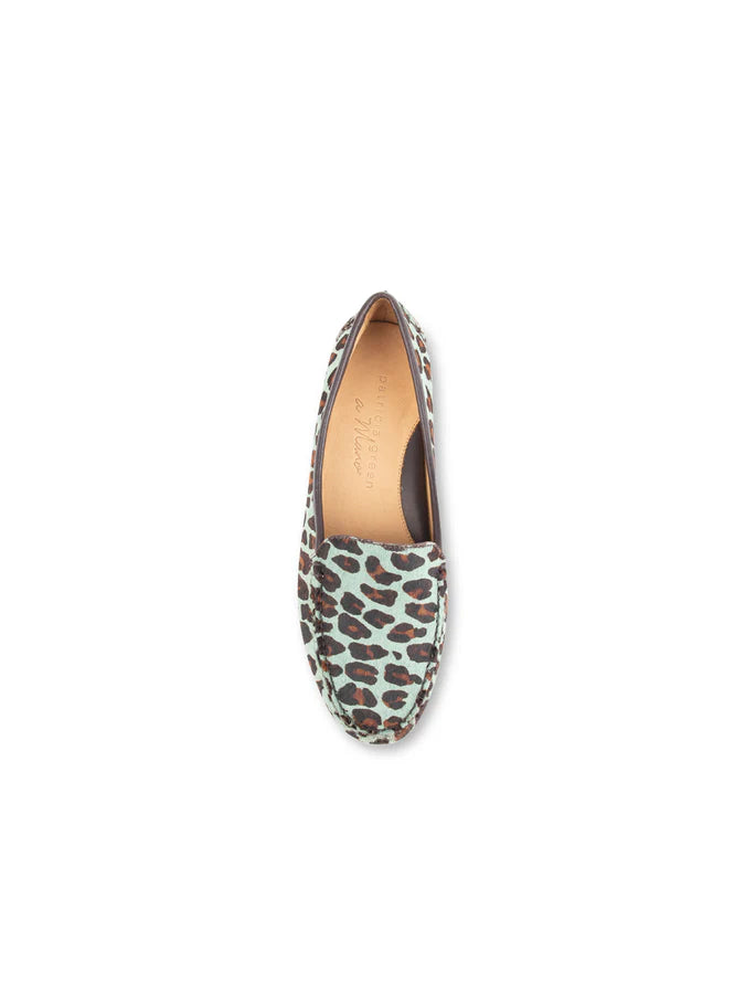PATRICIA GREEN - JILLIAN DRIVING MOCCASIN IN HAIRCALF - SIZE 6 - TEAL BLUE LEOPARD