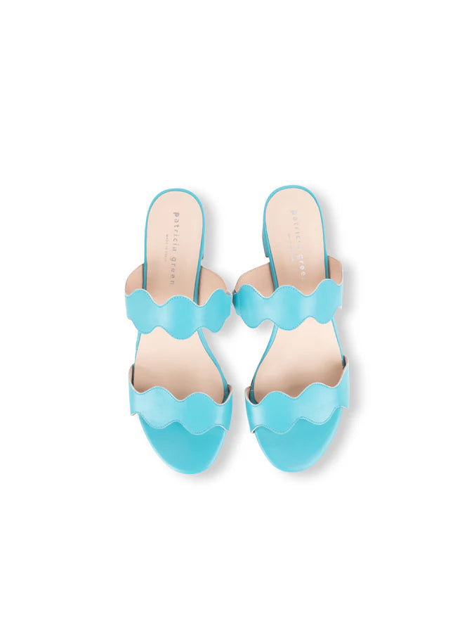 PATRICIA GREEN - PALM BEACH BLOCK HEEL SCALLOPED SANDAL - SIZE 8 - TURQUOISE LEATHER